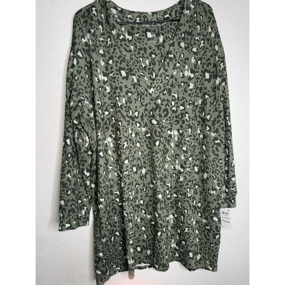 Jenni Women's Soft Knit V-Neck Sleepshirt, Green Leopard Animal Print, XL